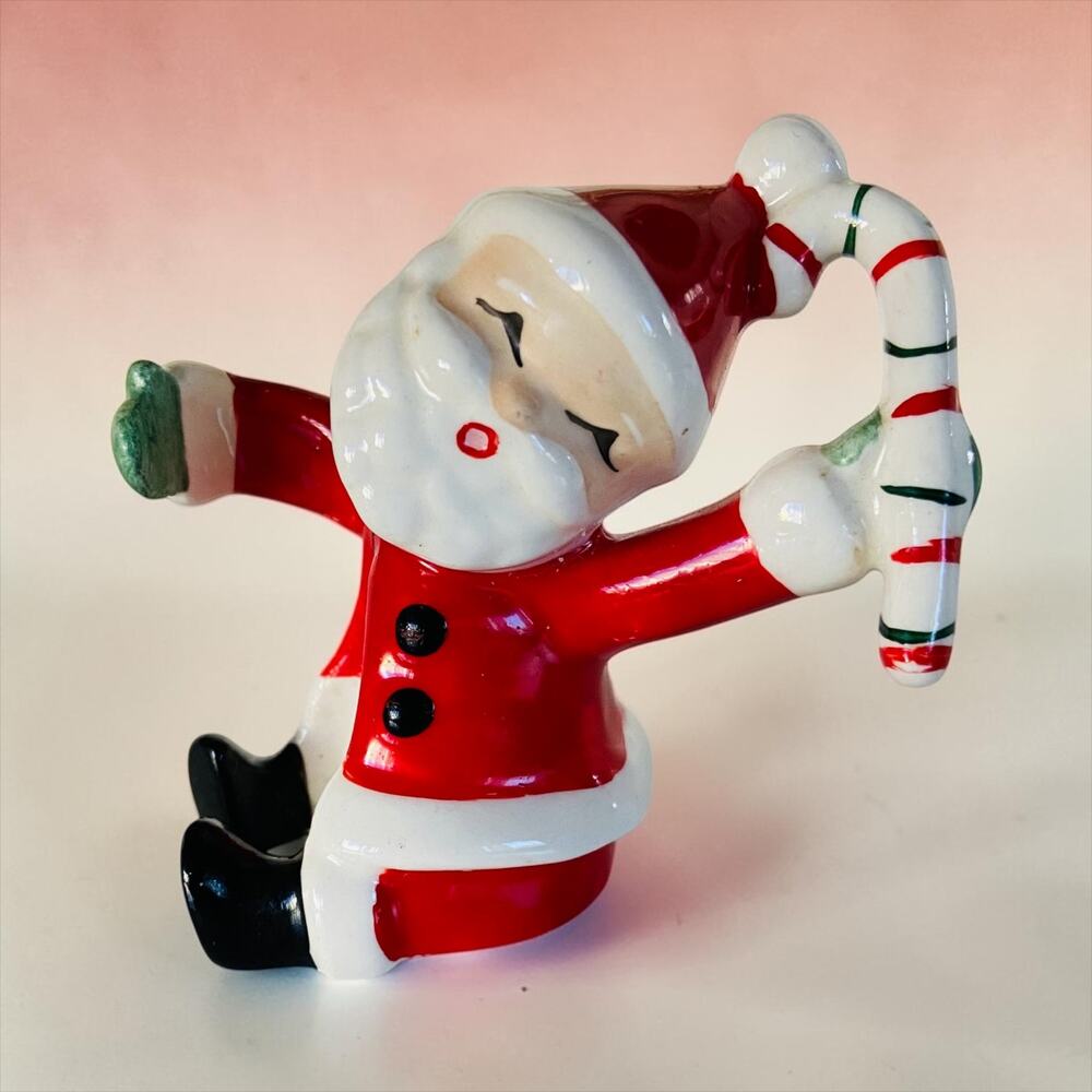 VINTAGE 1957 Napco Japan Santa Claus & Candy Cane Candle Holder Hugger Figure